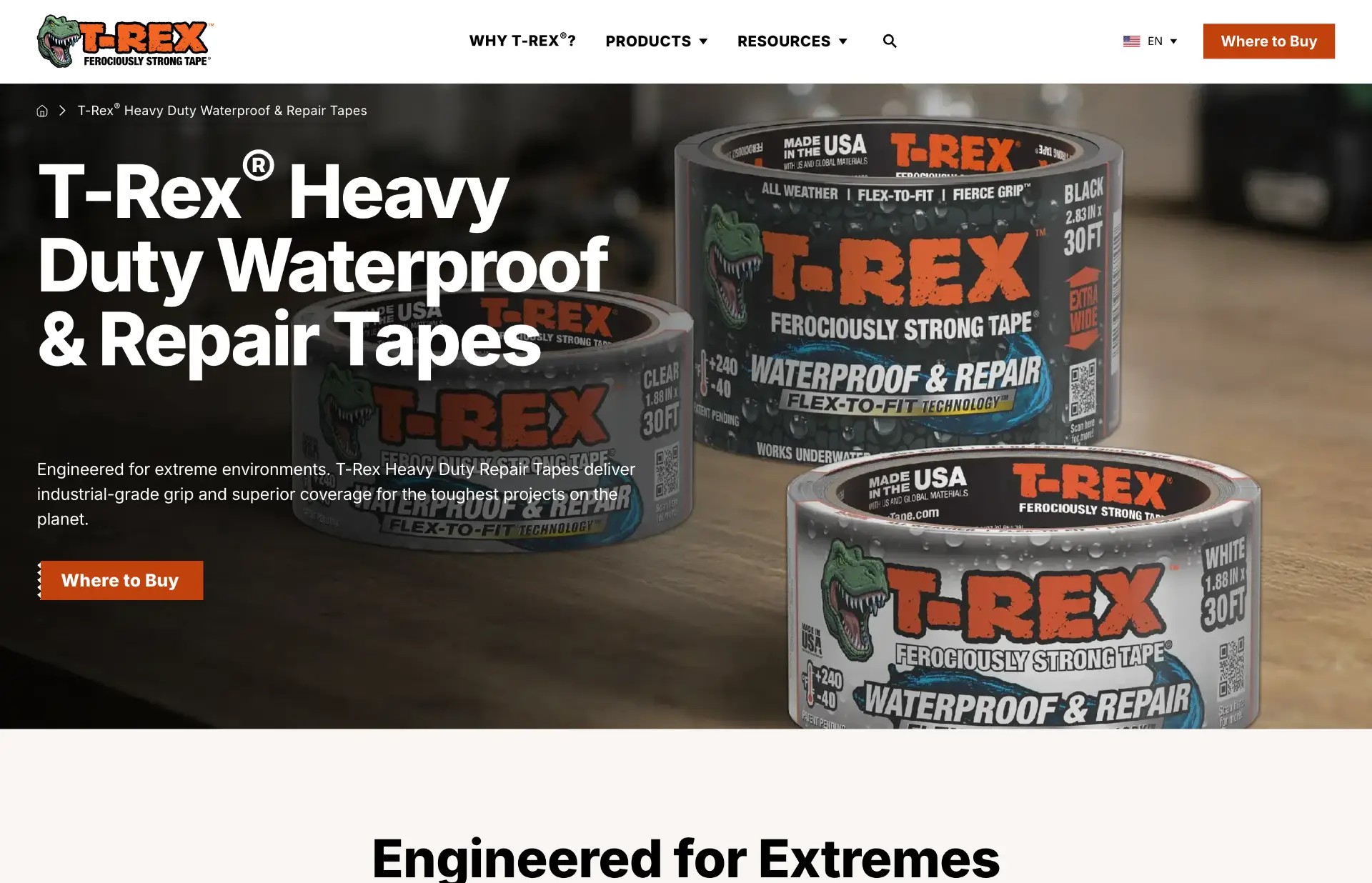 T-Rex Heavy Duty Waterproof & Repair Tapes landing page screenshot